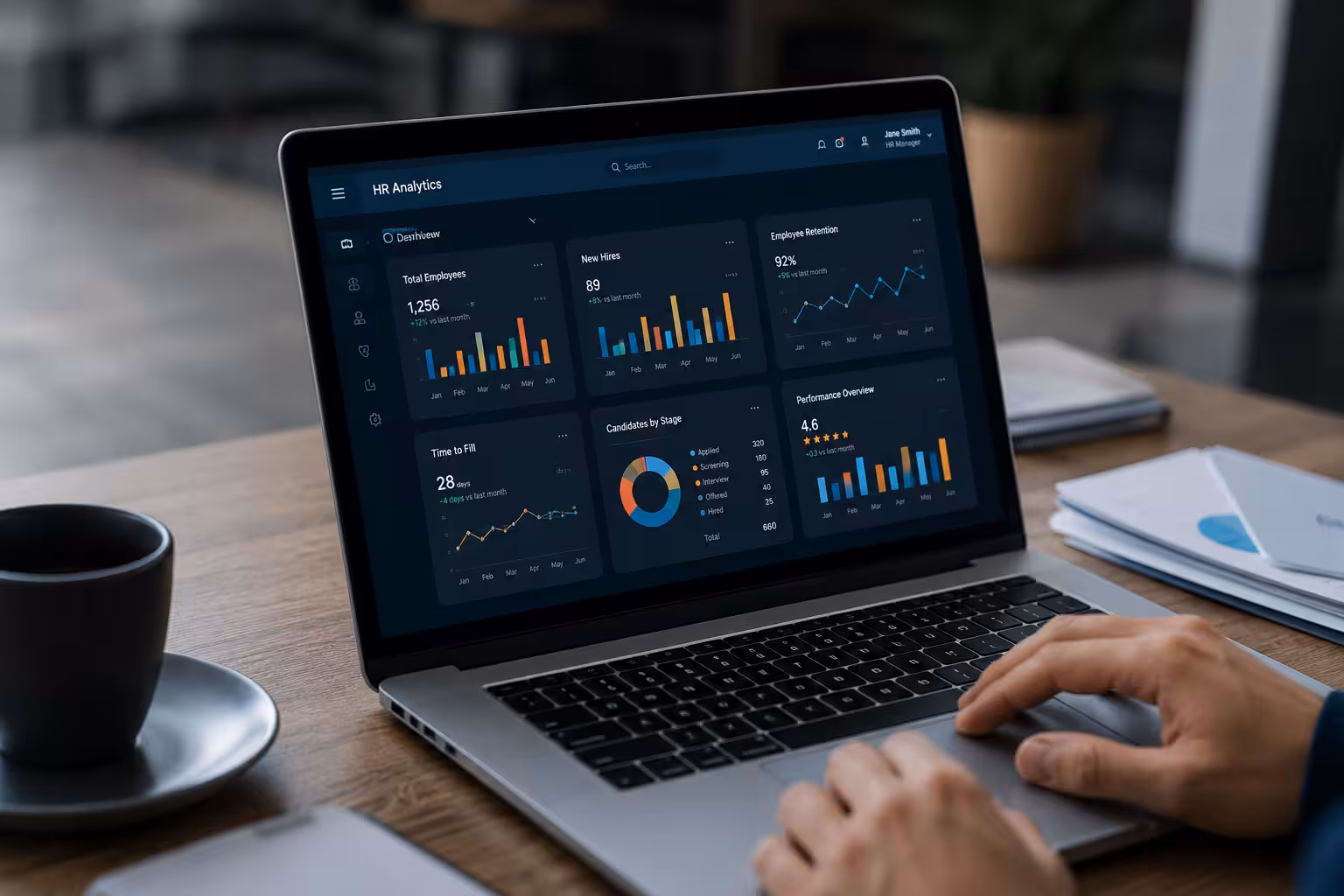 HR analytics dashboard displayed on a laptop