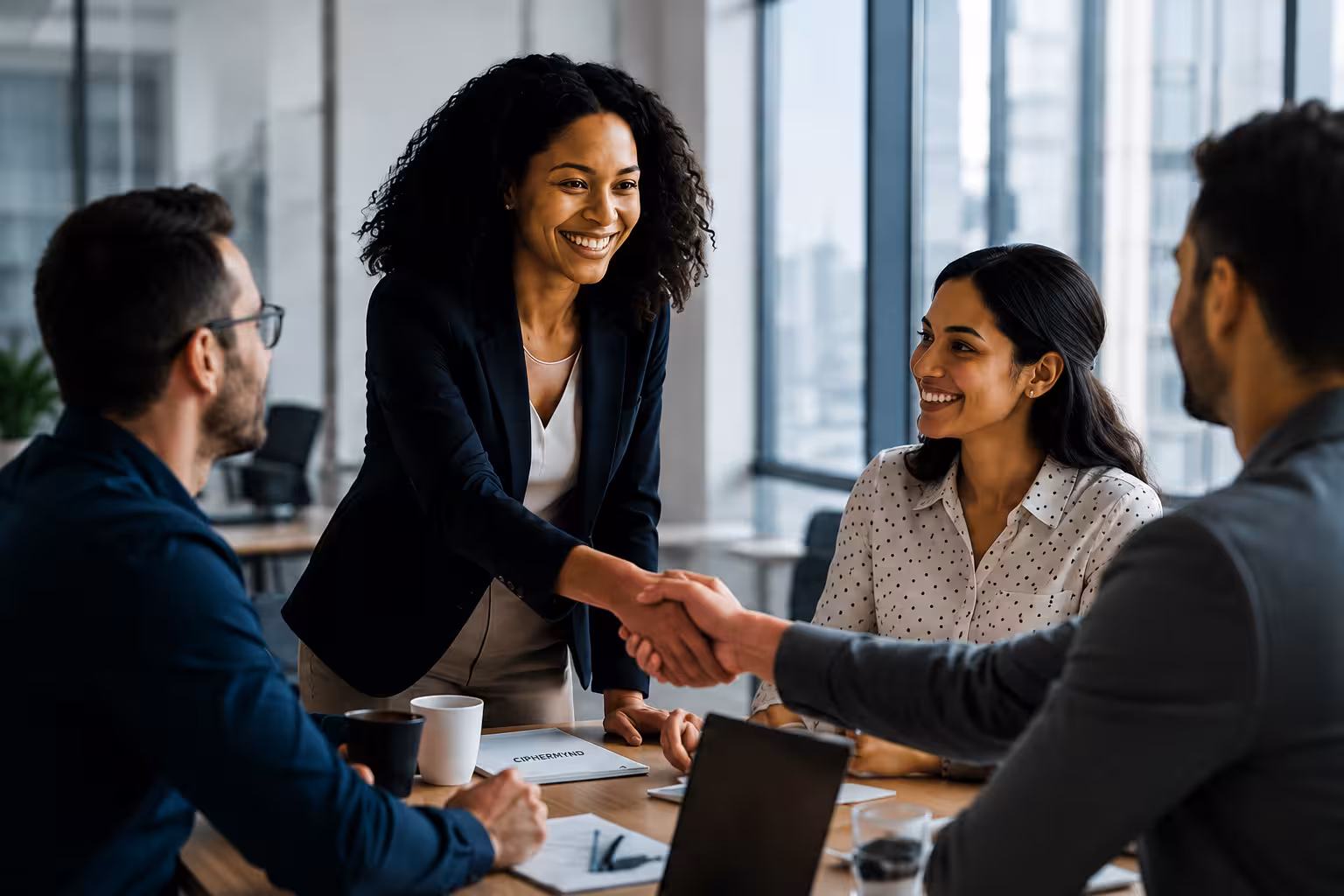 HR professionals greeting one another at a meeting